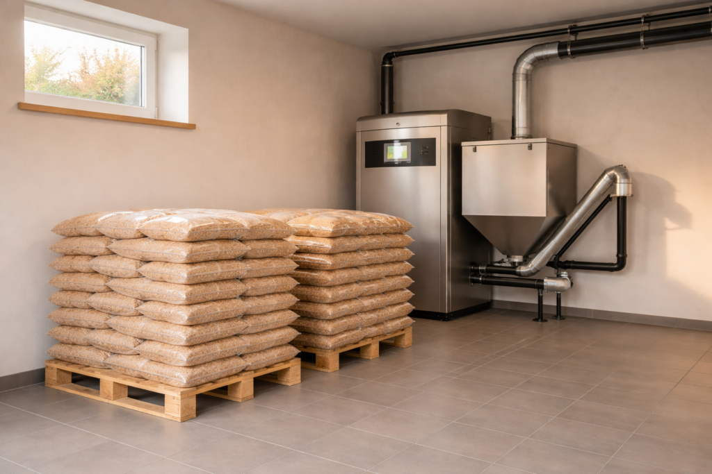 Mszczon&oacute;w - Magazyn z workami pelletu drzewnego na paletach, obok pieca na pellet z dostawą w nowoczesnym pomieszczeniu.