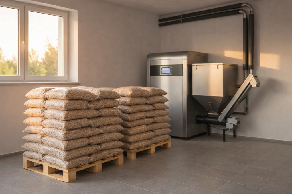 Wiskitki - Stosy work&oacute;w z pelletem drzewnym w magazynie obok nowoczesnego pieca na pellet, idealne do efektywnego ogrzewania domu z dostawą.