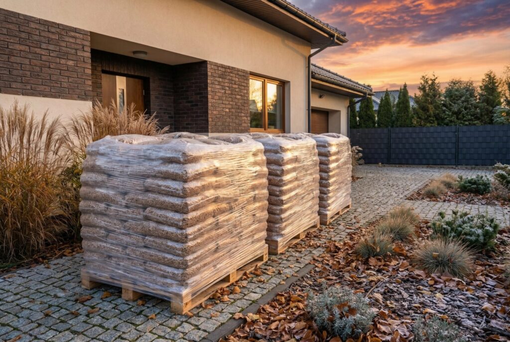 Paczki pelletu drzewnego ustawione przed domem, gotowe do dostawy. W tle widać piękny zach&oacute;d słońca oraz zadbany ogr&oacute;d. Idealne rozwiązanie do ekologicznego ogrzewania. - Regn&oacute;w