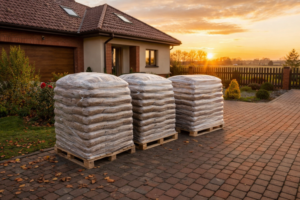 Nowe Miasto nad Pilicą - Wielkie palety z workami pelletu drzewnego, gotowe do dostawy, ustawione przed nowoczesnym domem o zachodzie słońca.
