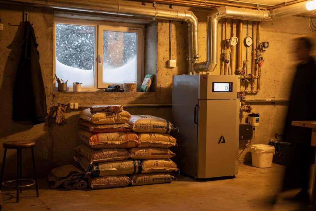 Magazyn z pelletem drzewnym, gdzie widać worki z paliwem oraz piec na pellet. W tle okno z widokiem na zaśnieżony krajobraz. Idealne rozwiązanie dla os&oacute;b poszukujących pelletu z dostawą. - Goszczyn