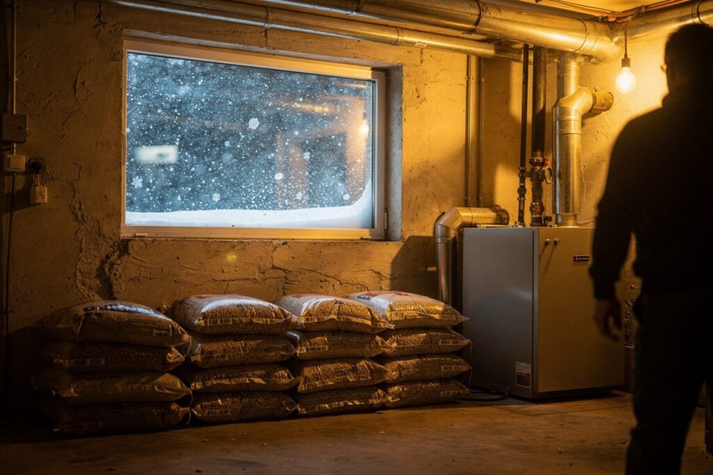 Cielądz - Stos pelletu drzewnego w pomieszczeniu z piecem, idealny do ogrzewania w zimowe dni. Dostawa pelletu zapewnia wygodę i efektywność w użytkowaniu.