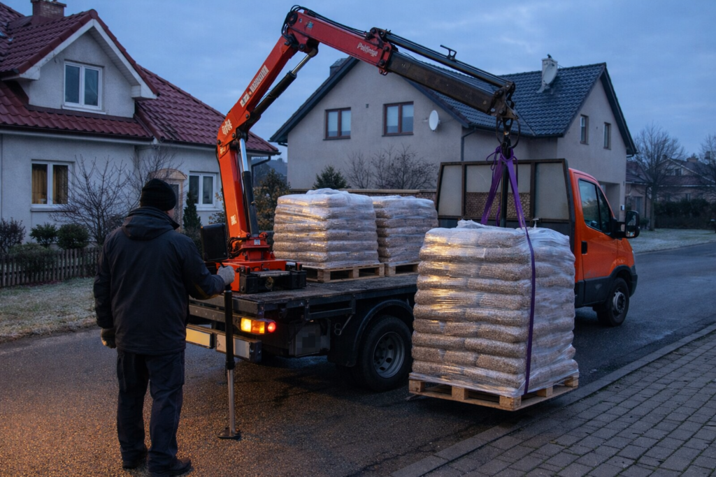 Wiskitki - Dostawa pelletu drzewnego do domu, załadunek na ciężar&oacute;wkę z wykorzystaniem podnośnika. Widoczny proces dostarczania pelletu z dostawą.