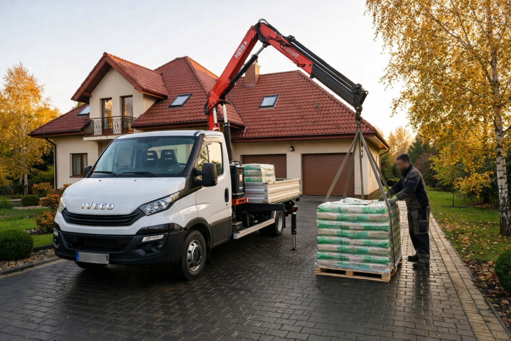 Nowe Miasto nad Pilicą - Kierowca ciężar&oacute;wki IVECO dostarczający pellet drzewny, z użyciem dźwigu, na posesję z domem jednorodzinnym w jesiennej scenerii. Obrazek przedstawia proces dostawy pelletu z obsługą.