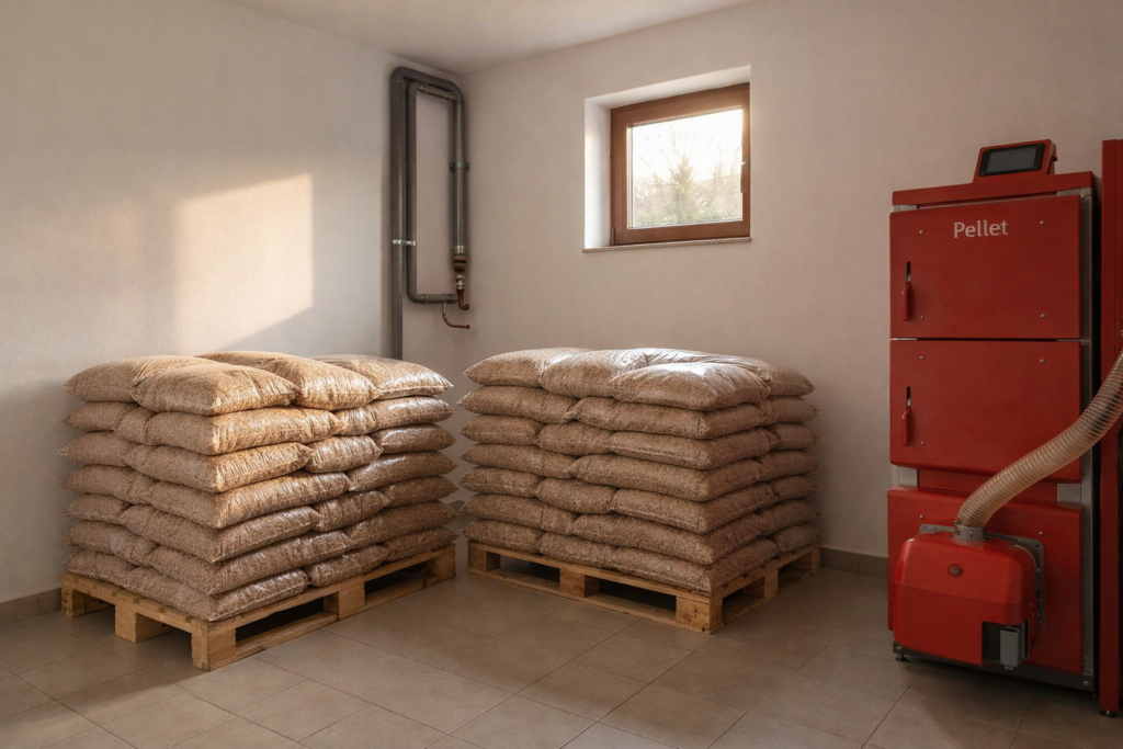 Składowanie work&oacute;w z pelletem drzewnym obok urządzenia do jego podawania, idealne rozwiązanie dla os&oacute;b korzystających z pelletu z dostawą. - Warka