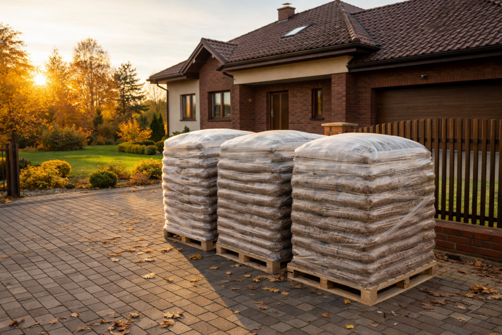 Palety z drewnianym pelletem na zewnątrz domu, przygotowane do dostawy. Słońce zachodzi nad ogrodem, tworząc przyjemną atmosferę. Pellet drzewny na placu, idealny na ogrzewanie. - Puszcza Mariańska