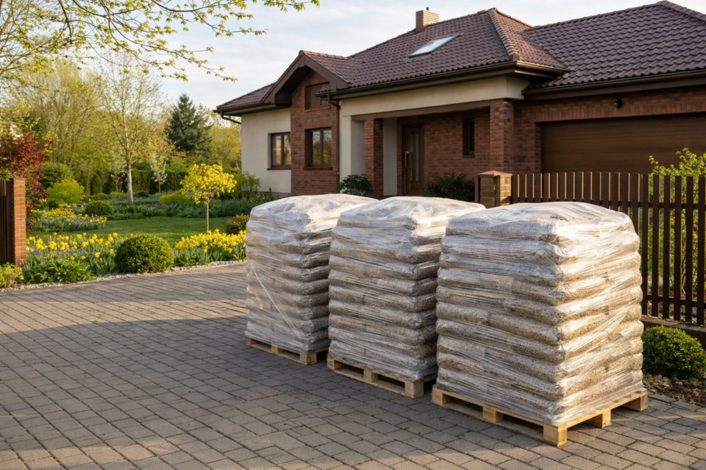Pellet drzewny na paletach przygotowany do dostawy przed domem, w otoczeniu zieleni i kwiat&oacute;w. - Belsk Duży