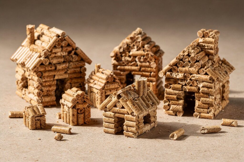 Modele domk&oacute;w wykonane z pelletu drzewnego, ilustrujące zastosowanie tego biopaliwa w budownictwie. Idealne jako dekoracja lub inspiracja do zr&oacute;wnoważonego budownictwa. Pellet z dostawą to wygodne rozwiązanie dla ekologicznych projekt&oacute;w. - Mogielnica